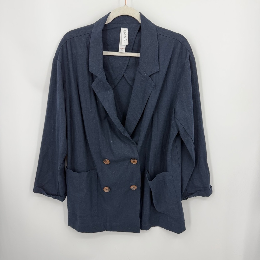 Amadi Anthropologie Kayne Navy Double Breasted Linen‎ Blend Jacket Sz M